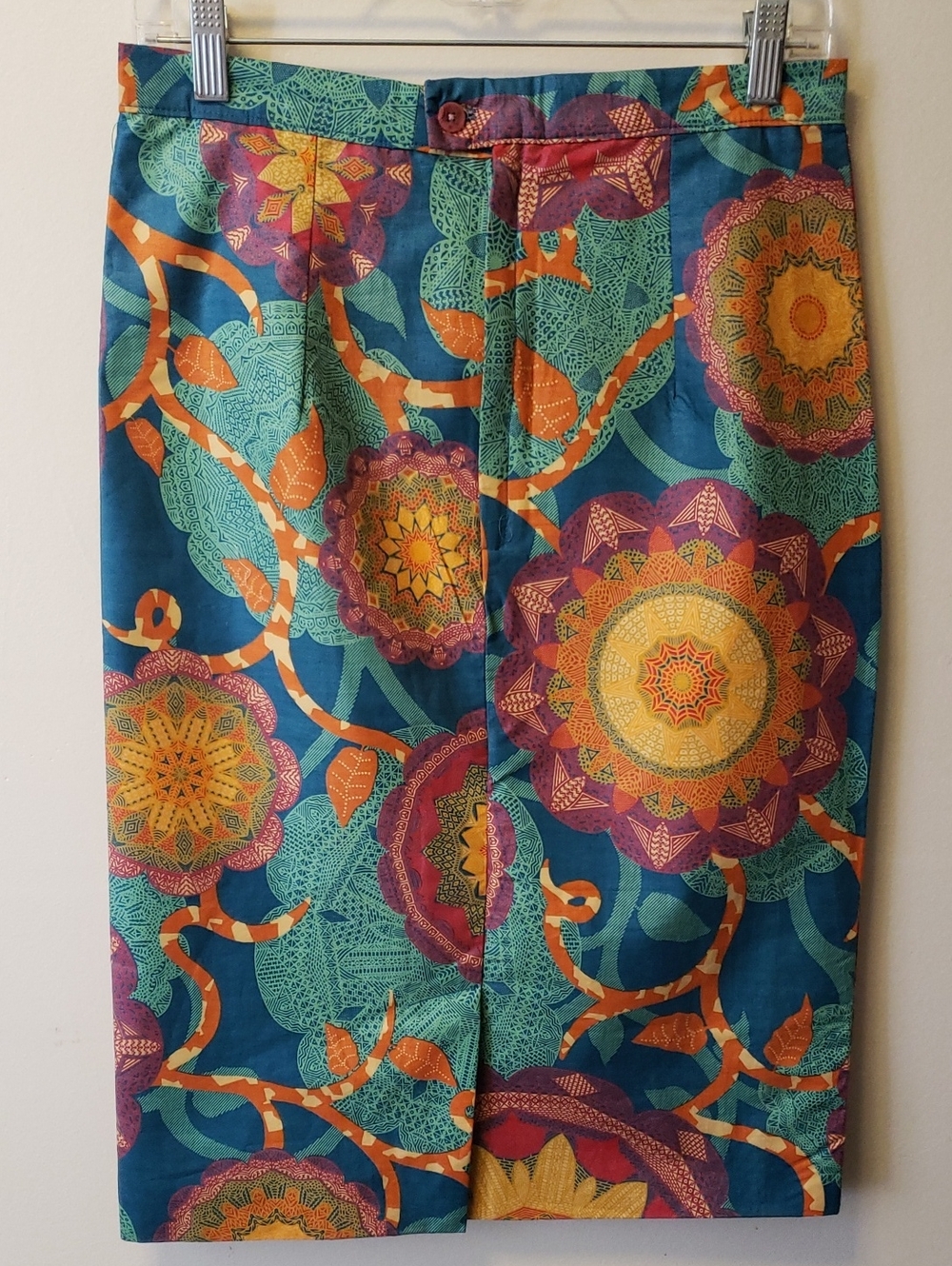 Handmade Vintage Ethnic Vibrant Teal Floral Print Pencil Skirt